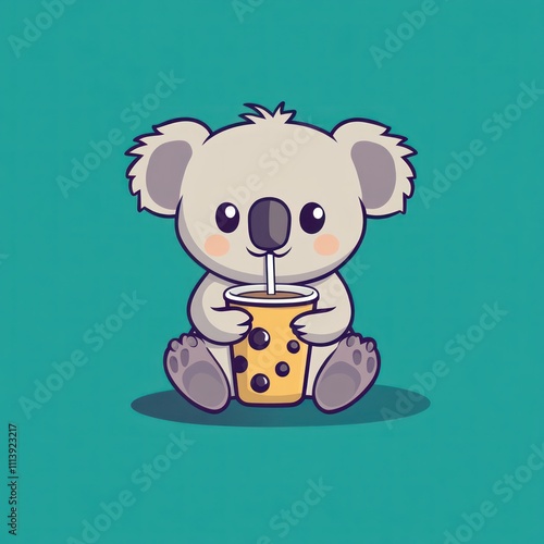 Cute koala sitting, enjoying boba tea. photo