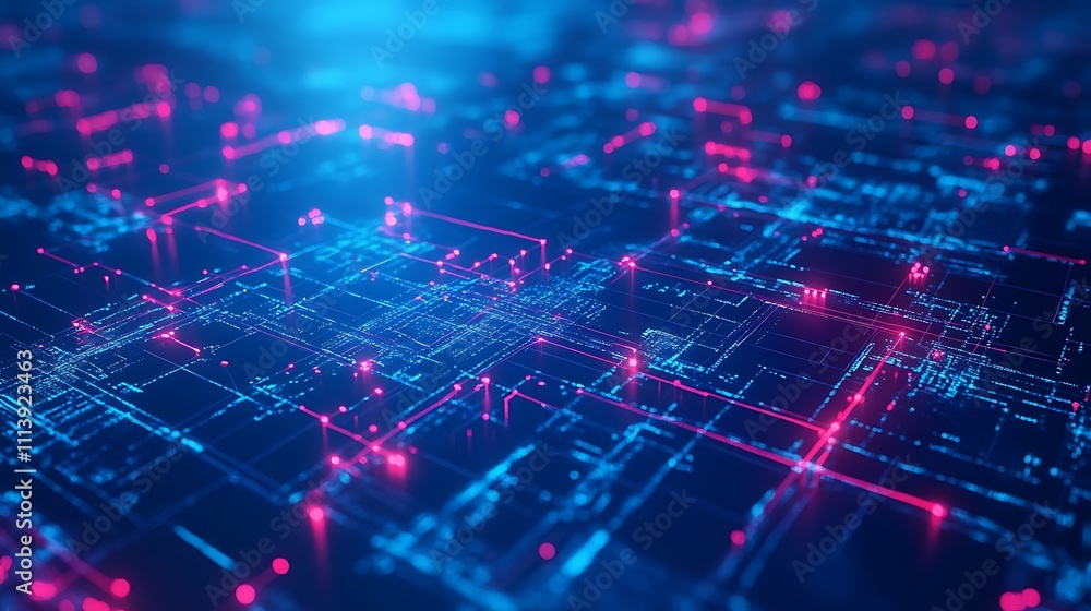 Obraz premium Futuristic Abstract Digital Network Background with Blue and Pink Neon Light Patterns and Connectivity Nodes