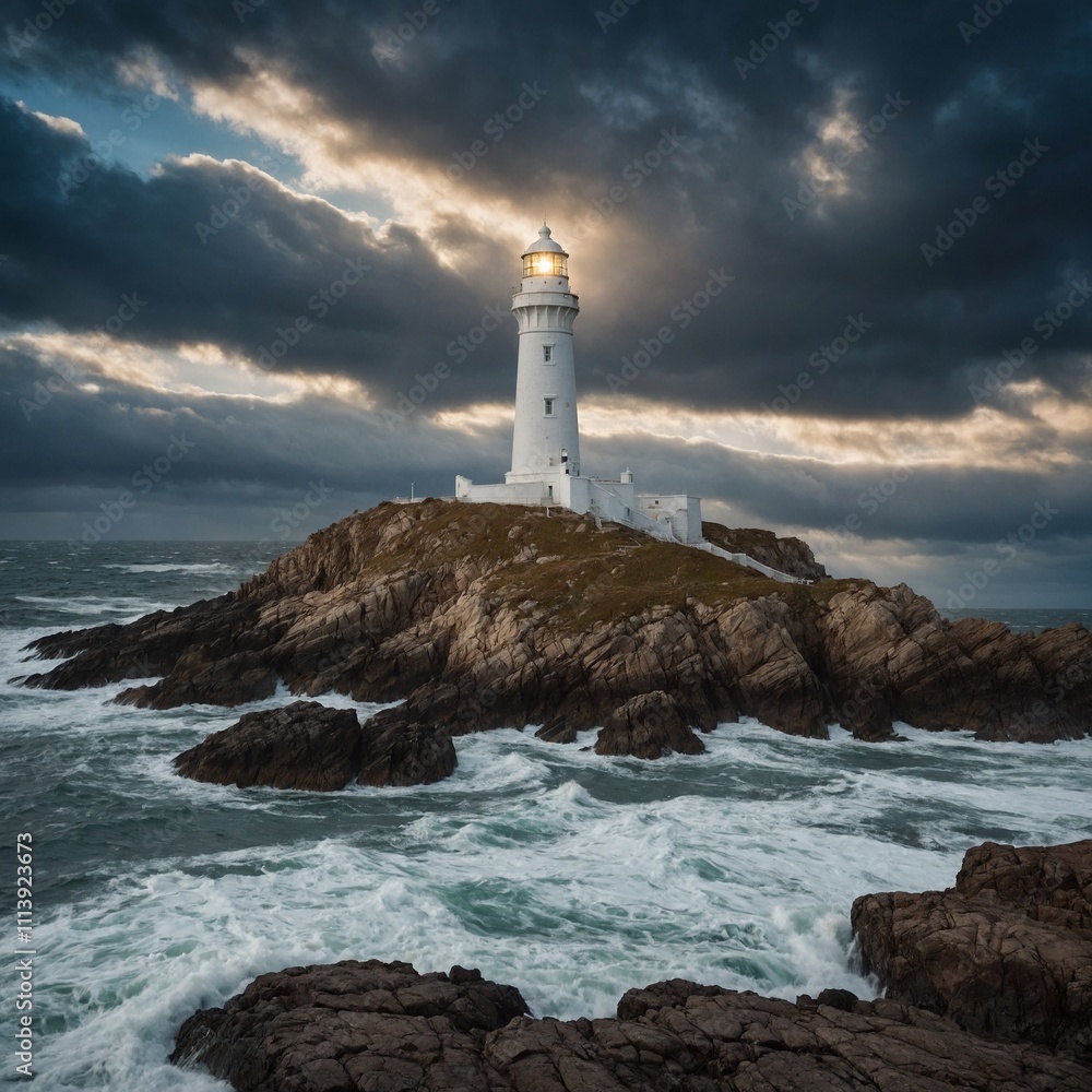 A white lighthouse on a rocky coastline, its beacon shining under a dramatic sky. A white lighthouse on a rocky coastline, its beacon shining under a dramatic sky.