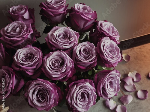 A Bouquet of Deep Purple Roses with Fallen Petals