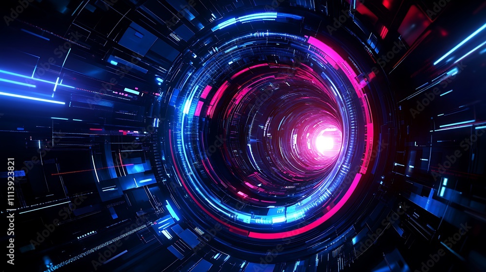 Futuristic Abstract Digital Tunnel with Neon Lights and Glowing Effects in Blue and Pink Colors Futuristic Abstract Digital Tunnel with Neon Lights and Glowing Effects in Blue and Pink Colors