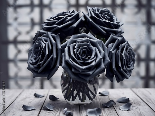 Dark Roses in a Glass Vase on Wooden Table photo