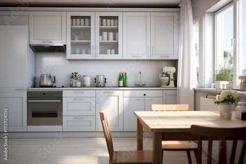 Beige home kitchen interior with bar counter and cabinet, hardwood floor. Luxury furniture and kitchenware with fridge. Plant and panoramic window on Bangkok skyscrapers. 3D rendering
