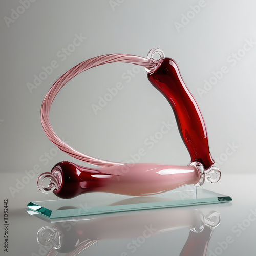 Glass sculpture of jump rope with crimson red to pale pink gradient, smooth glossy finish, showcasing elegant design and craftsmanship, generative ai photo