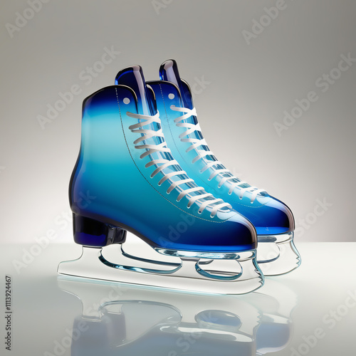 Glass sculpture of ice skates with icy blue to white gradient, smooth glossy finish, showcasing detailed craftsmanship and design, generative ai photo