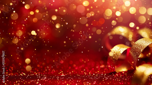 Red Luxury Background with Gold Ribbon Elements: A luxurious red background featuring gold ribbon elements and a spotlight effect with glitter and bokeh decorations.