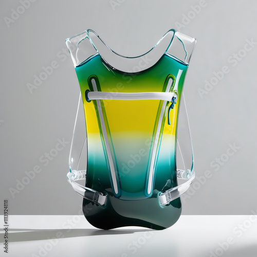 Glass sculpture of Cross-Country Running hydration pack with green to yellow gradient, smooth glossy finish, showcasing design and craftsmanship, generative ai photo