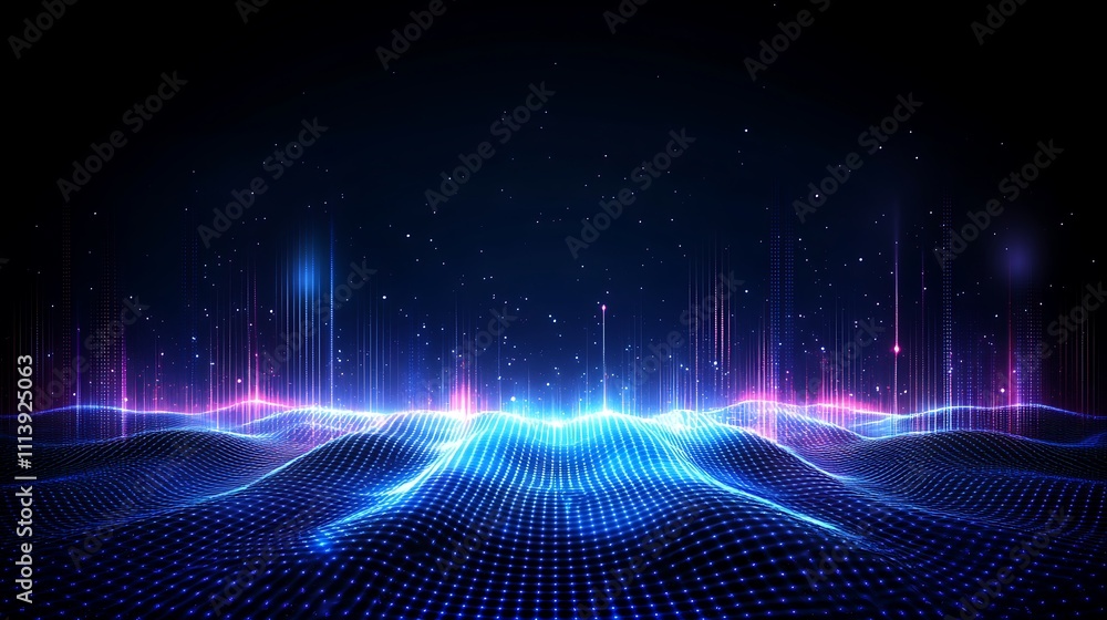 Futuristic Abstract Landscape with Neon Colors and Digital Waves Against Dark Background for Creative Projects Futuristic Abstract Landscape with Neon Colors and Digital Waves Against Dark Background for Creative Projects