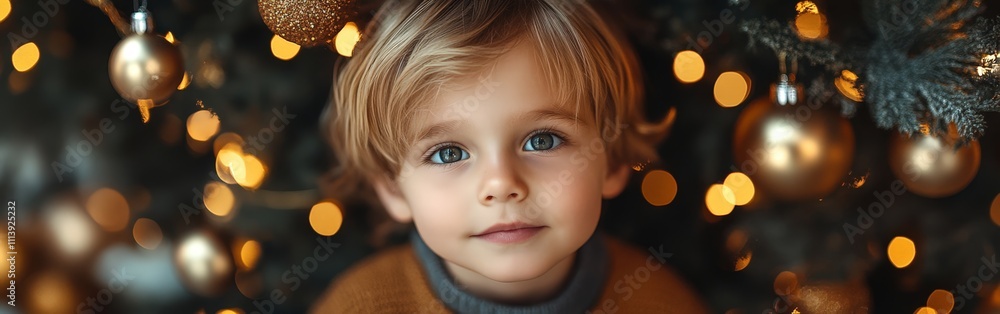 Smiling Child in Festive Holiday Living Room Smiling Child in Festive Holiday Living Room
