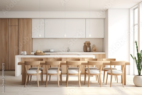 3d rendering white scandinavian style wood kitchen and dining room 