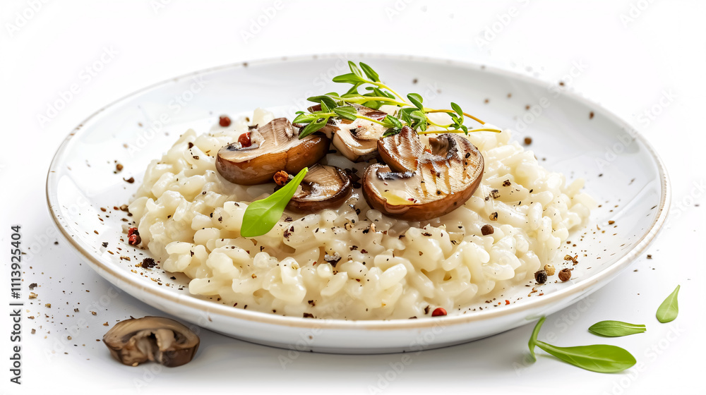 Risotto: Creamy risotto with arborio rice, Parmesan cheese, and often mixed with mushrooms or seafood on a white background.