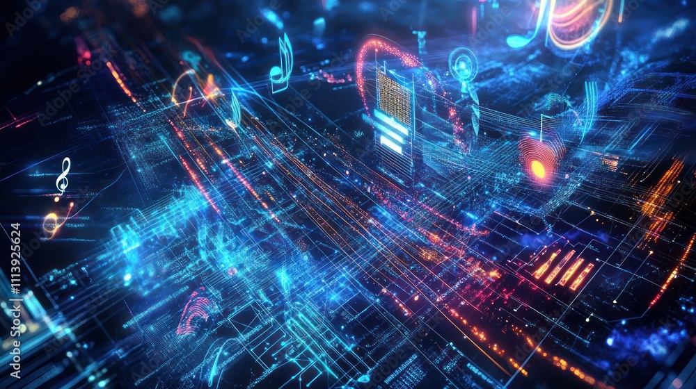 Abstract digital landscape with vibrant music notes and glowing data streams. Abstract digital landscape with vibrant music notes and glowing data streams.