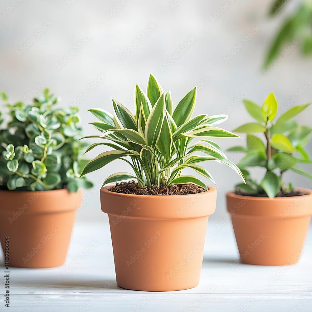 Fototapeta premium Houseplants in terracotta pots, naturally regulating moisture levels
