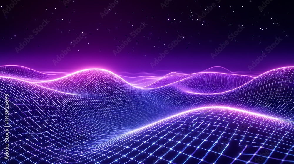 Futuristic Abstract Landscape with Neon Waves and Starry Night Sky in Vibrant Colors Futuristic Abstract Landscape with Neon Waves and Starry Night Sky in Vibrant Colors