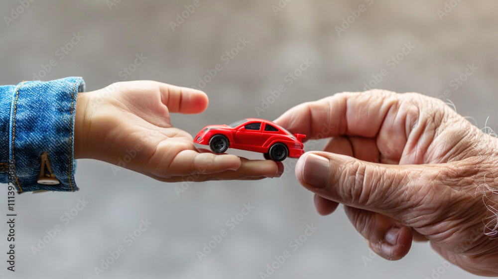 Fototapeta premium Child and senior hands holding a toy car. Car insurance and protection for vehicles. Safeguarding assets, peace of mind, security, and coverage in the event of car-related incidents. 
