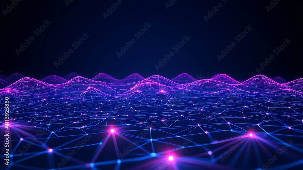 Futuristic Abstract Landscape with Vibrant Neon Waves and Connecting Lines in a Digital Space Futuristic Abstract Landscape with Vibrant Neon Waves and Connecting Lines in a Digital Space