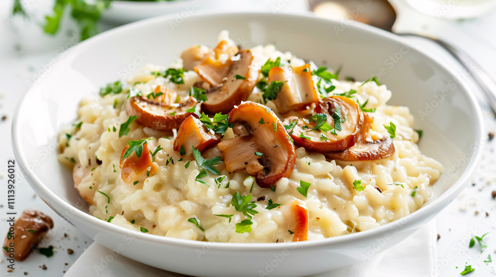 Risotto: Creamy risotto with arborio rice, Parmesan cheese, and often mixed with mushrooms or seafood on a white background. Risotto: Creamy risotto with arborio rice, Parmesan cheese, and often mixed with mushrooms or seafood on a white background.
