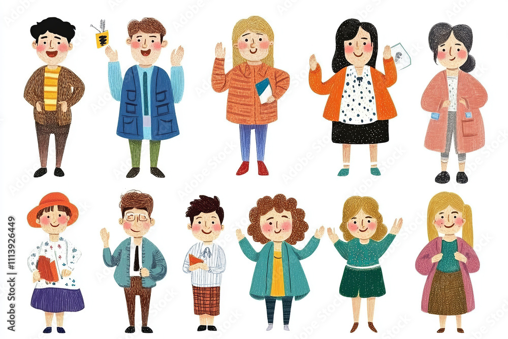 diverse group of cheerful cartoon characters, each with unique outfits and expressions, standing in various poses diverse group of cheerful cartoon characters, each with unique outfits and expressions, standing in various poses