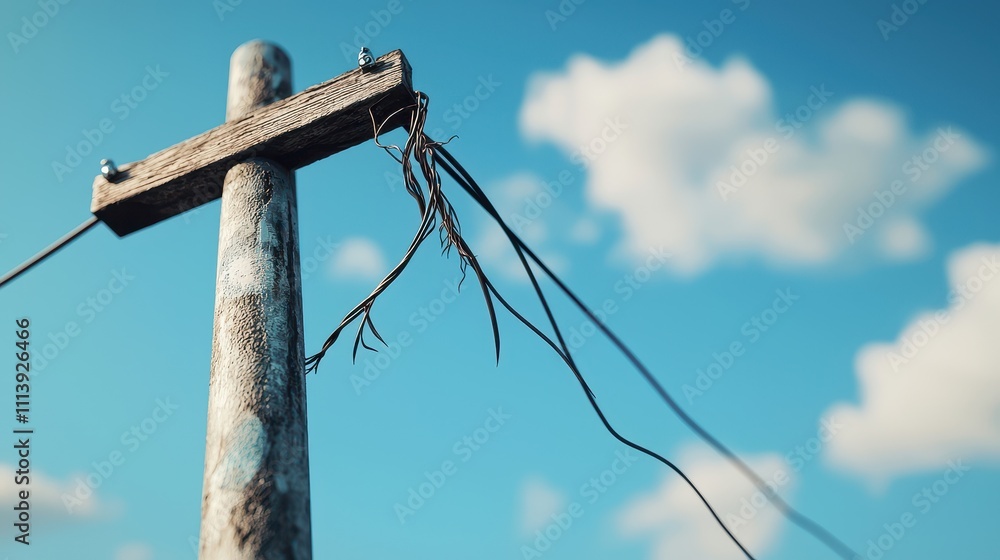 Danger of Damaged Wire Concept, Broken Electrical Pole with Severed Wires Swinging Against a Clear Blue Sky