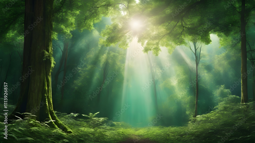 Obraz premium A sunbeam pierces through a dense forest canopy, highlighting the process of transpiration in plants.