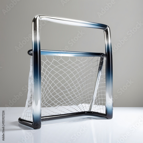 Glass hockey goalposts sculpture with silver to white gradient and detailed glass net on light gray background, generative ai photo