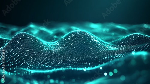 Futuristic Abstract Visualization of Wavy Digital Surface with Sparkling Light Particles in Teal and Black Background