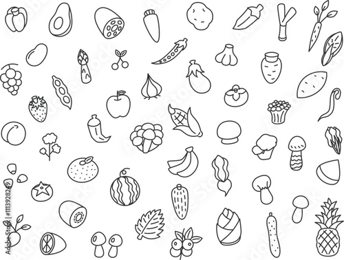 線画野菜果物キノコのアイコンセット