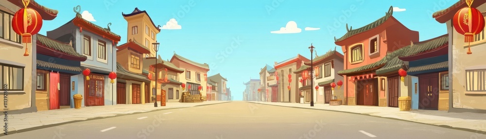 Vibrant Chinese Village on a Sunny Day with Colorful Buildings and Red Lanterns Vibrant Chinese Village on a Sunny Day with Colorful Buildings and Red Lanterns