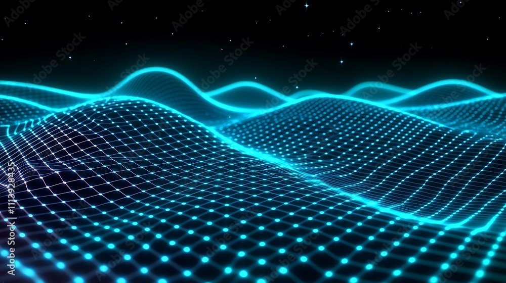Naklejka premium Futuristic Blue Wave Grid Landscape with Neon Light Elements on Dark Background for Digital Art and Technology Themes