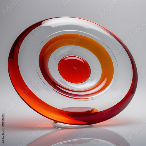 Glass sculpture of flying disc with red to orange gradient, smooth glossy finish, showcasing dynamic motion and craftsmanship, generative ai photo