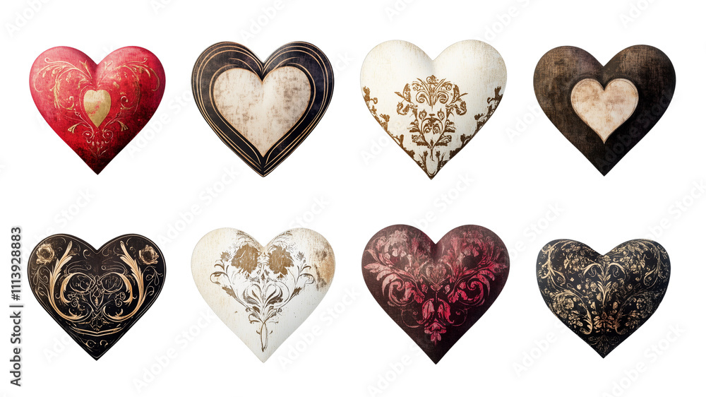 Obraz premium Valentine's Set of 8 Light-Coloured Vintage Hearts - Love Clipart without Background