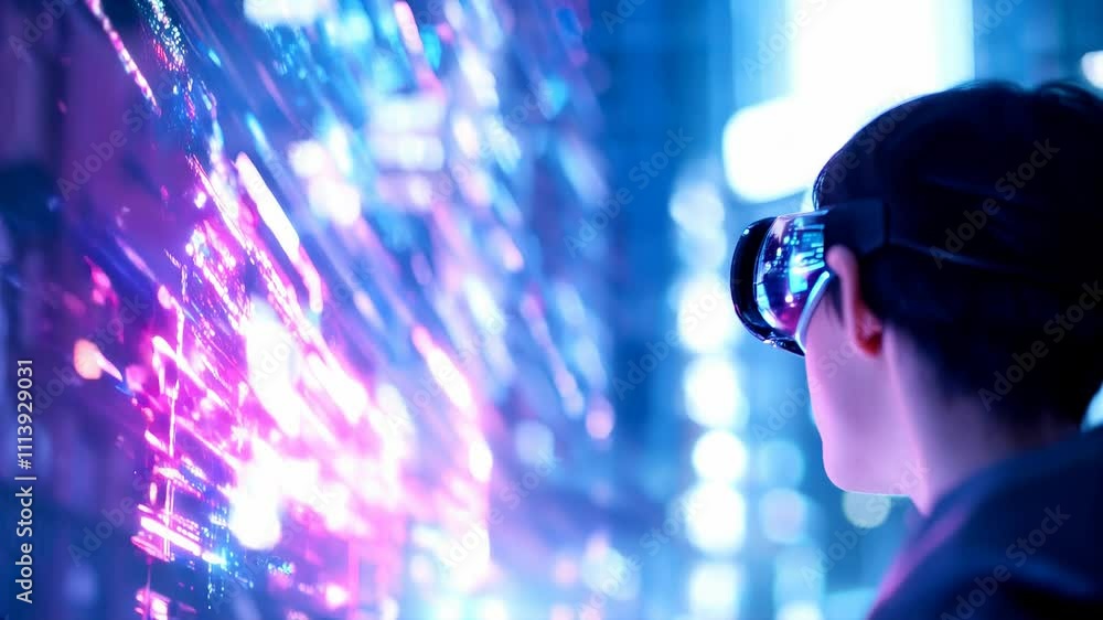 A young individual wearing advanced virtual reality goggles interacts with stunning digital graphics in a vibrant, immersive environment filled with colorful visuals and dynamic patterns A young individual wearing advanced virtual reality goggles interacts with stunning digital graphics in a vibrant, immersive environment filled with colorful visuals and dynamic patterns