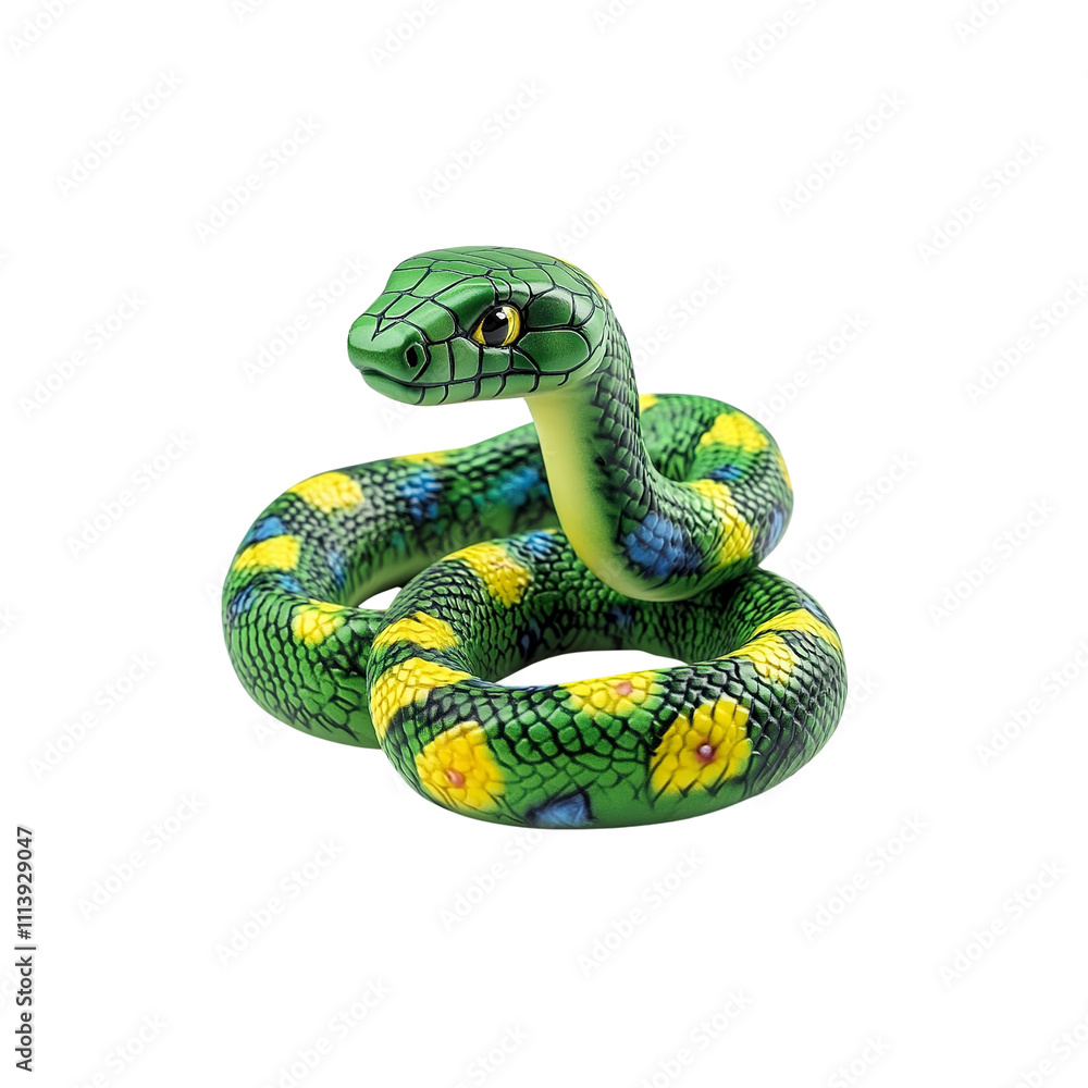Naklejka premium Vibrant Green Snake with Yellow Flowers Coiled on on white background