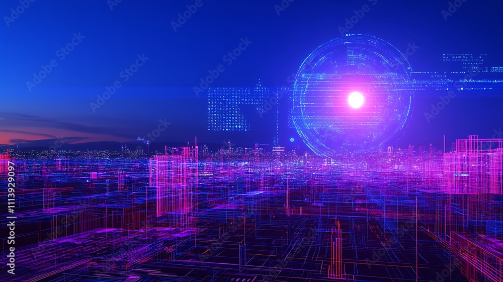 Futuristic Cityscape with Abstract Digital Network and Glowing Sphere in Twilight Atmosphere Futuristic Cityscape with Abstract Digital Network and Glowing Sphere in Twilight Atmosphere