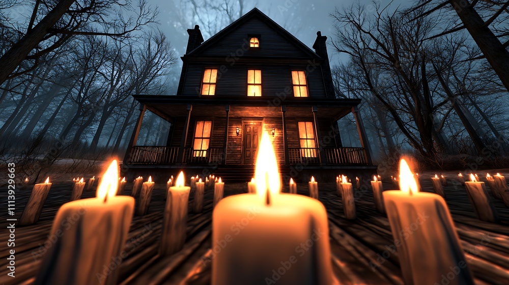 Spooky Haunted House at Night with Candles Dark Forest Spooky Haunted House at Night with Candles Dark Forest