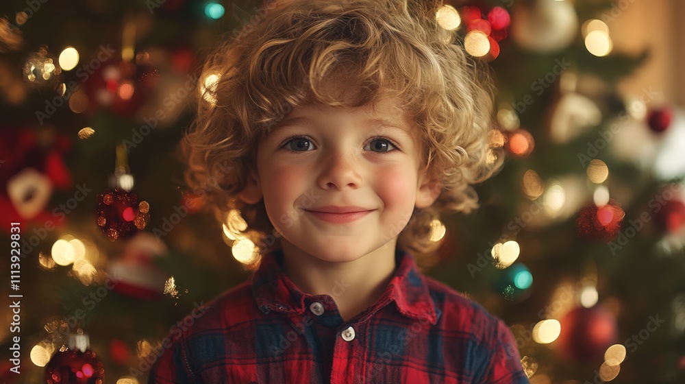 Smiling child in Christmas setting with festive lights Smiling child in Christmas setting with festive lights