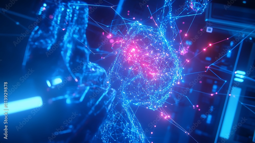 Futuristic Concept of a Human-Like Robot Surrounded by Digital Particles and Glowing Connections in a High-Tech Environment Futuristic Concept of a Human-Like Robot Surrounded by Digital Particles and Glowing Connections in a High-Tech Environment