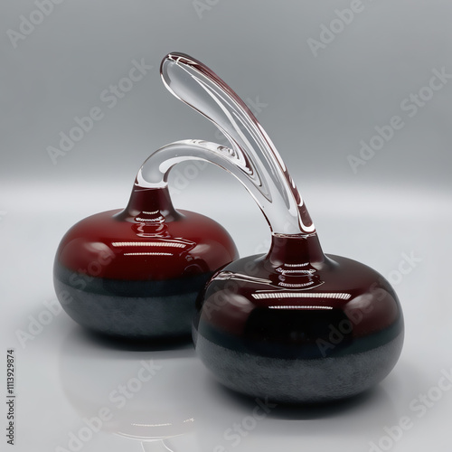 Glass sculpture of Curling stones with red to gray gradient, smooth glossy finish, showcasing precision design and craftsmanship, generative ai photo