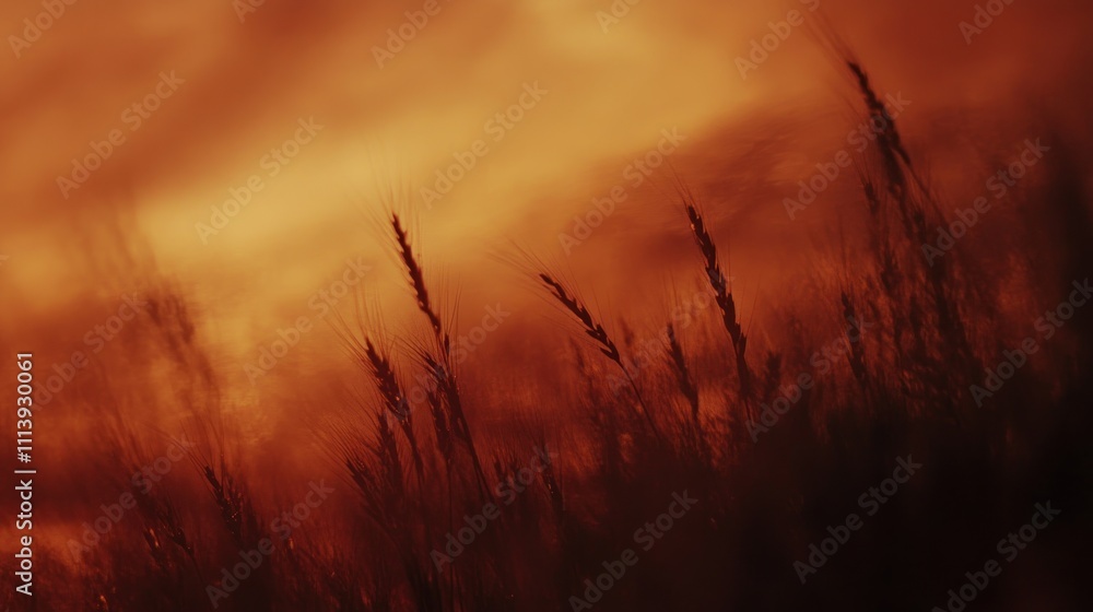 Silhouetted Wheat Stalks Against A Fiery Sunset Sky Silhouetted Wheat Stalks Against A Fiery Sunset Sky