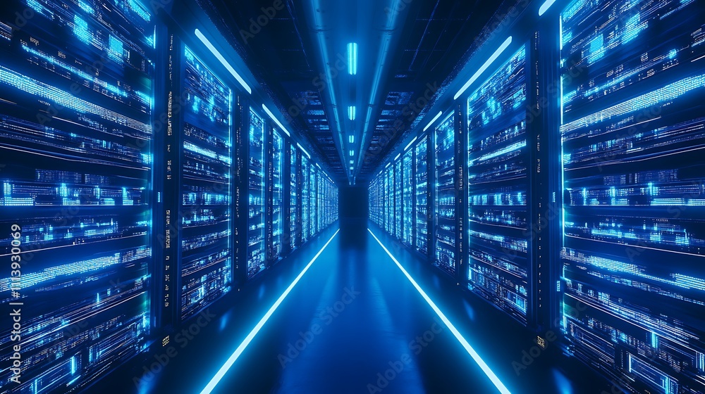 Futuristic Data Center Corridor with Blue Neon Lights and High-Tech Server Racks for Modern Technology Concepts Futuristic Data Center Corridor with Blue Neon Lights and High-Tech Server Racks for Modern Technology Concepts