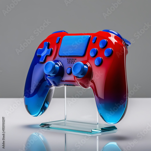 Glass sculpture of gaming controller with neon red to electric blue gradient, smooth glossy finish, showcasing detailed craftsmanship, generative ai photo