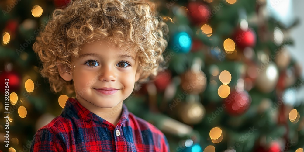 Smiling child in Christmas setting with festive lights Smiling child in Christmas setting with festive lights