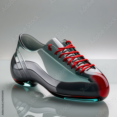 Glass sculpture of climbing shoes with dark gray-to-red gradient, highlighting performance, stability, and craftsmanship, generative ai photo