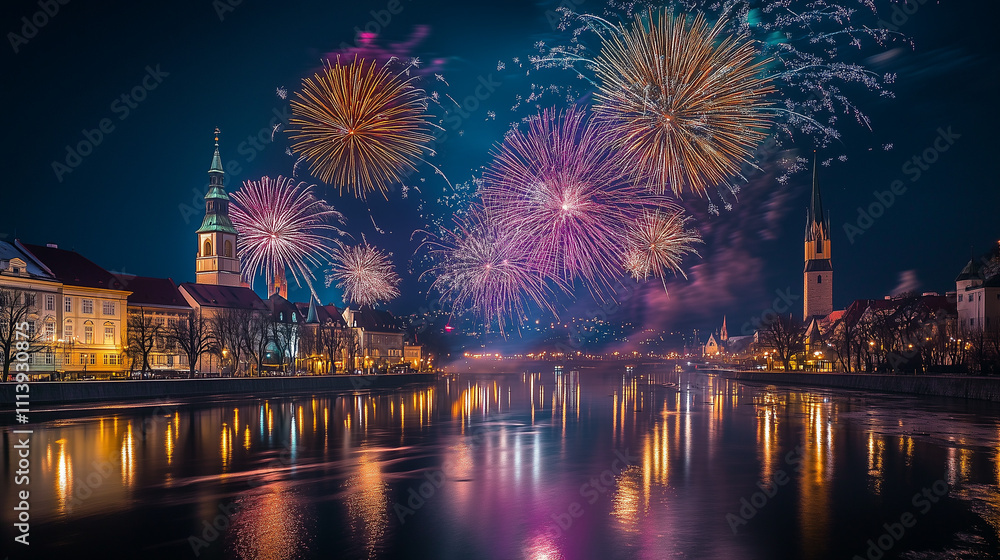 Fototapeta premium happy newyear festival backdrop around the world, Vibrant New Year's Eve Fireworks Over City Skyline, fireworks background