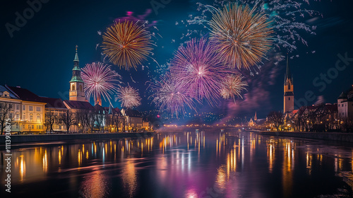 happy newyear festival backdrop around the world, Vibrant New Year's Eve Fireworks Over City Skyline, fireworks background