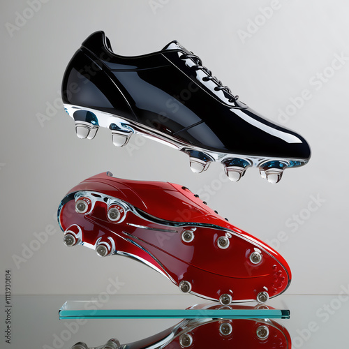 Glass sculpture of rugby cleats with black-to-red gradient, showcasing functional design and craftsmanship in rugby sports, generative ai photo