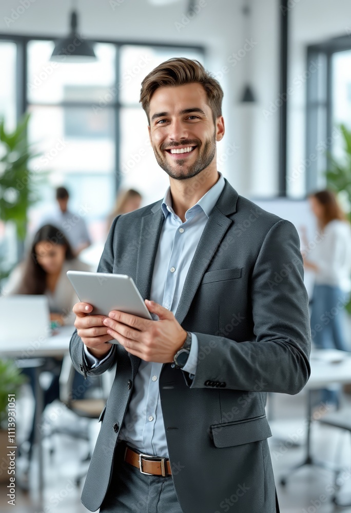 Portrait of smiling businessman holding digital tablet in modern office Portrait of smiling businessman holding digital tablet in modern office