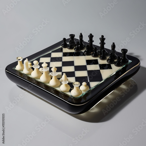 Glass sculpture of chessboard with black and cream gradient squares, smooth glossy finish, showcasing fine craftsmanship and design, generative ai photo