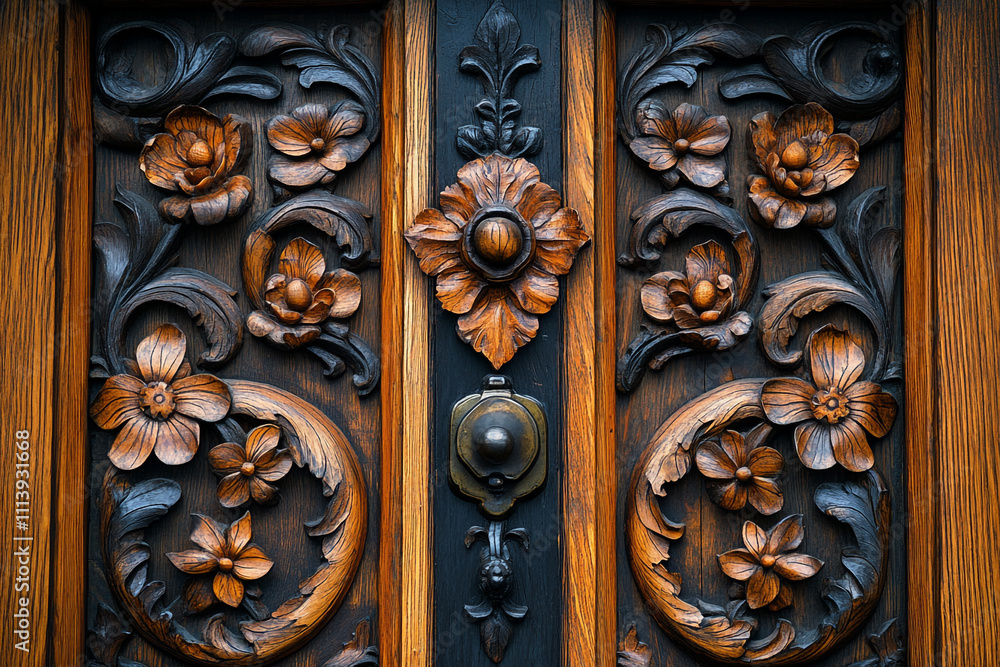 Intricate Wooden Door Carving Featuring Floral Designs Intricate Wooden Door Carving Featuring Floral Designs