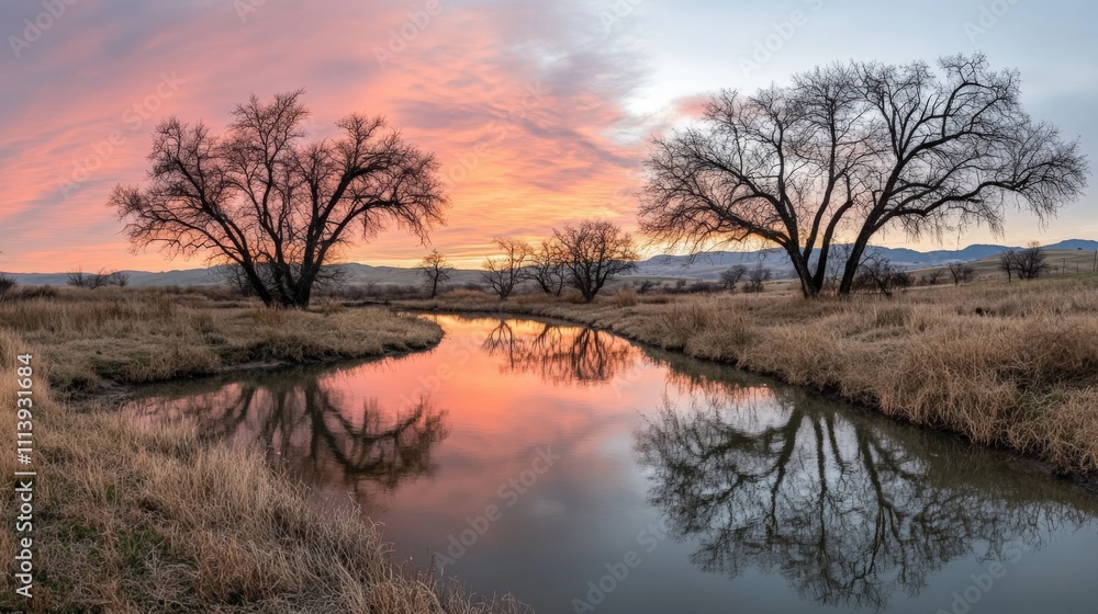 Breathtaking Sunrise with Reflections on Serene River and Leafless Trees Breathtaking Sunrise with Reflections on Serene River and Leafless Trees